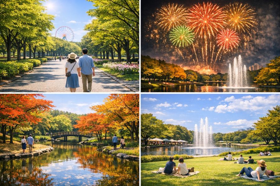 昭和記念公園　混雜状況　GW　紅葉　ライトアップ　イルミネーション　花火　無料開放日