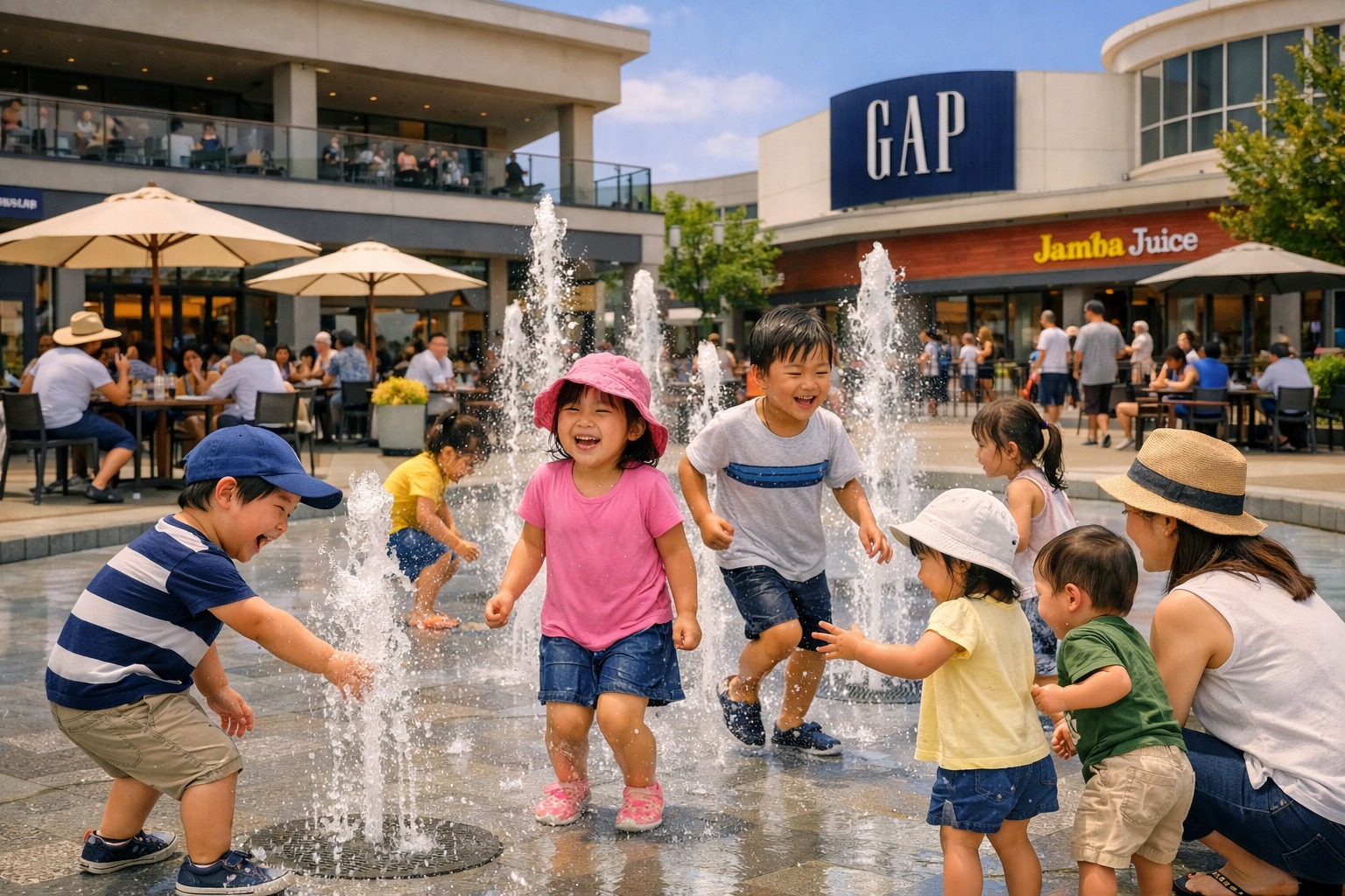 グランベリーパーク　水遊び　噴水　水のカーペット　混雜　いつから　いつまで　着替え　おむつ